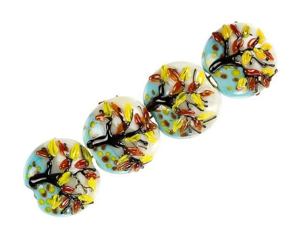 Bring the beauty of nature to your handmade jewelry with these stunning Grace Lampwork Autumn Tree Lentil Bead Strands. Fashioned from high-quality glass, each slightly puffed bead is round and features a raised black tree with red and yellow leaves falling gracefully from its branches. The intricate details of the design are featured on both sides of each bead, ensuring a flawless look from any angle. Perfect for fall-themed necklaces, bracelets, and earrings, these unique beads are sure to captivate anyone who sees them. Let these beads inspire your creativity and infuse your jewelry with the beauty of autumn.