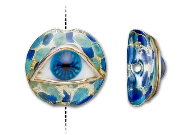 Create an eye-catching design with the Grace Lampwork blue eyed focal bead. This circular bead features a domed front so the intricate design will stand out even more. The back is flat so it will rest comfortably in designs. You can even use this bead as a focal in bead embroidery. String it onto a head pin to turn it into a quick pendant. This bead features a raised design of a detailed eyeball. The eye features deep blue color, while the background it rests on displays aqua, blue and gold colors. It would make a beautiful focal for evil eye jewelry.This item is handmade, so appearances may vary. Length 24mm, Width 25mm