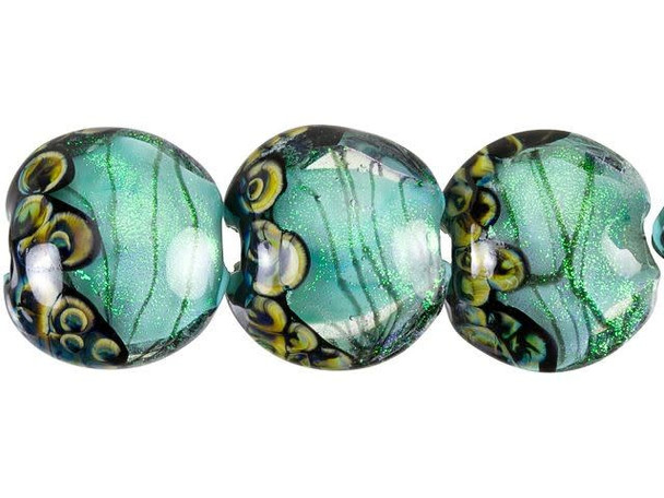 A fantastic display of style fills these Grace Lampwork beads. These beads feature a puffed round shape, perfect for showcasing in necklaces, bracelets, or even earrings. They feature seafoam color with a green shimmer of glitter and thin black stripes dancing through the color. Swirling patterns on the end of each bead complete the look. They're perfect for mystical mermaid styles.This item is handmade, so appearances may vary. Diameter 14.5-15.5mm, Length 13mm