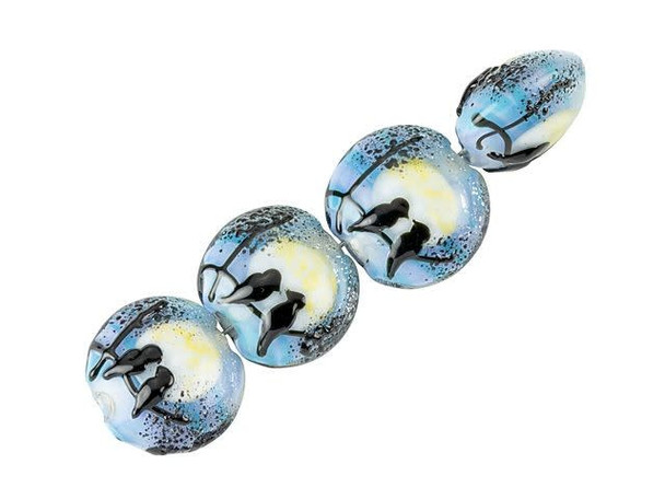 Showcase a sweet look in your designs with these Grace Lampwork beads. These beads feature a round coin shape with a puffed dimension, so they will stand out in your jewelry designs. Both sides of each bead are decorated with a silhouette of two lovebirds against a shining moon. You'll love the romantic look. Add these beads to necklaces, bracelets, and even earrings. This item is handmade, so appearances may vary.