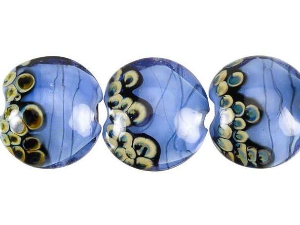 Add the soothing style of these Grace Lampwork beads to your style. These beads feature a puffed round shape, perfect for showcasing in necklaces, bracelets, or even earrings. They display waves of soft blue color. Swirling patterns on the end of each bead complete the look. They would look wonderful in ocean themes along with other blue tones.This item is handmade, so appearances may vary. Diameter 15mm, Length 11-12mm