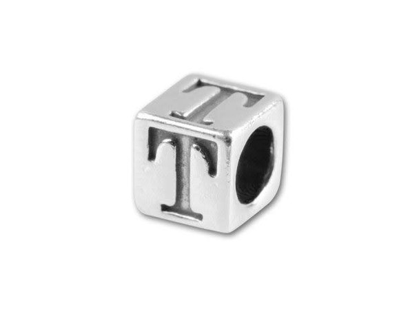 This quality sterling silver alphabet bead features the letter T printed on four sides. Made in the USA, this 4.5mm alphabet bead has a 3mm hole and is wonderful for beaded baby name bracelets, jewelry made with silver charms, and graduation jewelry and other items commemorating special events. This alphabet bead is among the finest quality you will find anywhere. The brilliant silver shine will complement any color palette.