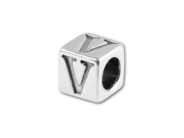 This quality sterling silver alphabet bead features the letter V engraved into four sides. Made in the USA, this 4.5mm alphabet bead features a wonderful cube shape that will stand out in your designs. You can use the wide stringing hole with thicker stringing materials, too. 