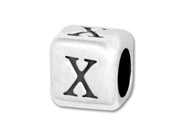 This quality sterling silver alphabet bead features the letter X printed on four sides. Made in the USA, this 4.5mm alphabet bead has a 3mm hole and is wonderful for beaded baby name bracelets, jewelry made with silver charms, and graduation jewelry and other items commemorating special events. This alphabet bead is among the finest quality you will find anywhere. The brilliant silver shine will complement any color palette.