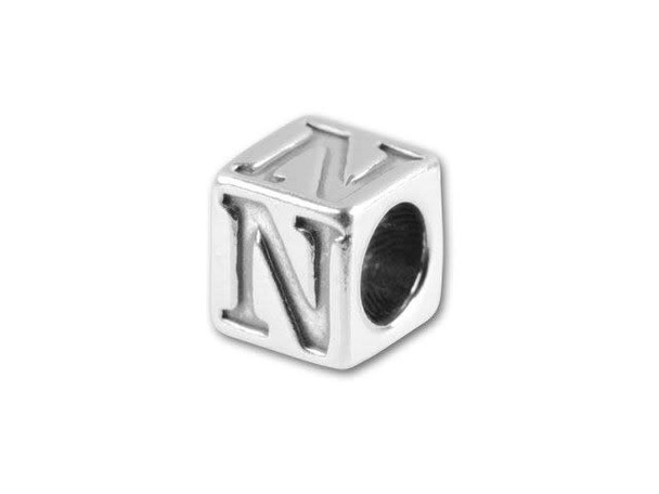 This quality sterling silver alphabet bead features the letter N engraved into four sides. Made in the USA, this 4.5mm alphabet bead features a wonderful cube shape that will stand out in your designs. You can use the wide stringing hole with thicker stringing materials, too. 