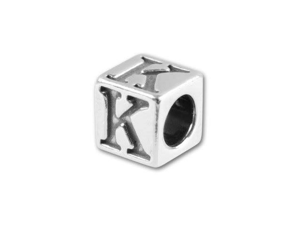 This quality sterling silver alphabet bead features the letter K engraved into four sides. Made in the USA, this 4.5mm alphabet bead features a wonderful cube shape that will stand out in your designs. You can use the wide stringing hole with thicker stringing materials, too. 