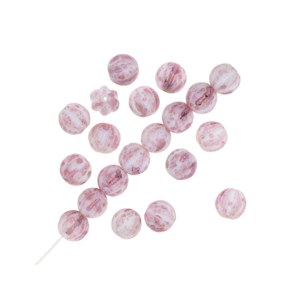 Czech Glass Round Melon Beads, 8mm – Opaque Topaz/Pink Luster (25pcs Strand)