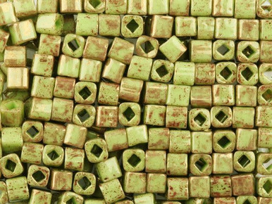 TOHO Cube 4mm Seed Beads, Marbled Opaque Avocado/Pink (2.5-Inch Tube)