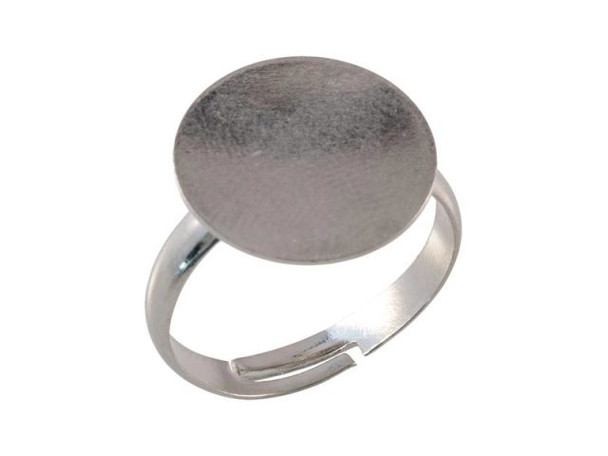 White Plated Finger Ring Blank, Adjustable, Glue-On, 15mm Pad (12 Pieces)