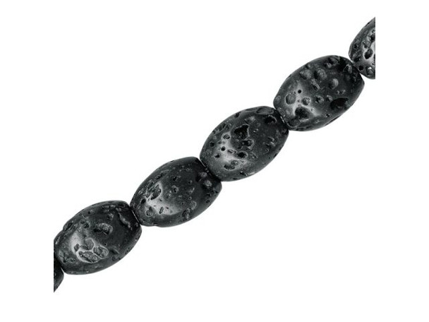 Black Lava Stone Beads: Earthy yet elegant, black lava stone beads are made from basalt, a type of igneous rock formed during volcanic eruptions. Due to their many holes and bubbles, lava stone beads add great texture, but not a lot of weight, to jewelry designs. Lava stone is naturally rough in texture, and our lava stone beads usually appear to have been treated with a paraffin wax to make them smooth to the touch - plain basalt would be rather abrasive!Lava stone beads are a great base for essential oils, as well as Art Clay Silver paste and other Metal Clay pastes -- just be sure to burn off the waxy coating in a kiln first.Don't have a kiln? For essential oils, you don't need to remove 100% of the waxy coating: you can burn off some with a torch, or bake the beads in a 250 F oven on a layer of foil for about 20 minutes (remove from the oven and wipe with a paper towel before they completely cool). Please follow all safety precautions when using either method.Please see the Related Products links below for similar items, and more information about this stone.