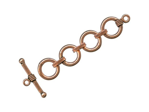   These bar and ring sets can be clasped with one hand making  them ideal for bracelets and watches.    Please note: The last few beads you put near the clasp should  be small, to make sure the bar will go all the way through  the ring (making the clasp easier to close).    Size listed is outside diameter of the ring (excluding its  loop) and the length of the bar. Price is per set, rather than per  piece.      Toggle Clasps and Bracelets    It's true! Toggles can be clasped with one hand, so they are good  for bracelets, including watch bracelets. Here's a hint to help  make sure no one loses one of your creations: When using toggle  clasps for bracelets, the bracelet must fit the customer fairly  well. If the bracelet is too loose, a short toggle bar might wiggle  itself out of its loop. Longer bars can help solve the  problem, but won't eliminate it. To size your bracelets to your  customers' wrists you might want to use a few chain links at the  end, between the clasp and the last beads. Then you can remove or  add links at the time of sale. Or if you really have a good thing  going, make 6.5", 7", and 8" versions of your best-selling patterns  and colors of bracelets.  See Related Products links (below) for similar items and additional jewelry-making supplies that are often used with this item.