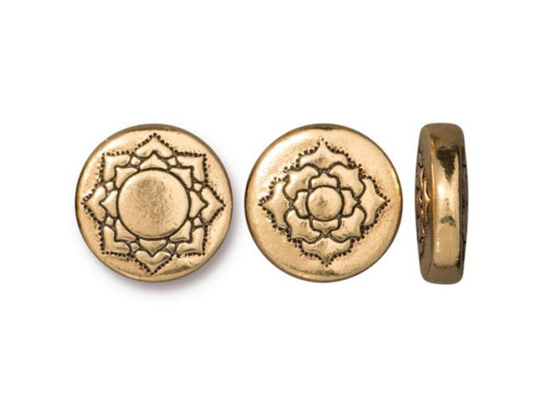 TierraCast Lotus Coin Bead - Antiqued Gold Plated (Each)