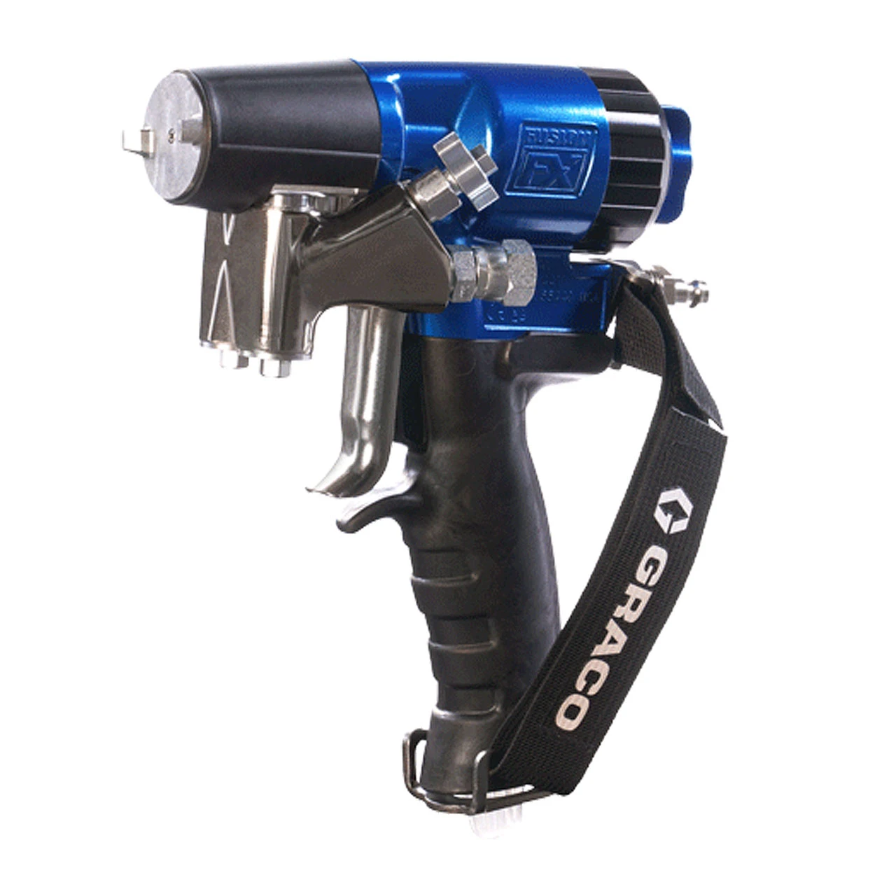 Graco Fusion FX gun side view with handle and spray head for spray foam insulation equipment