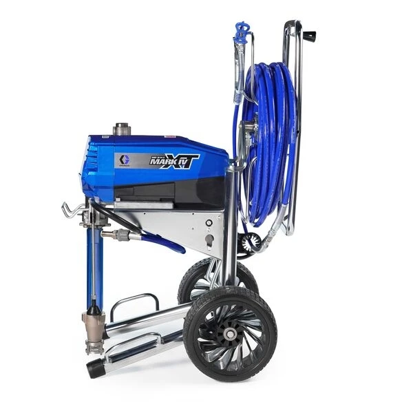 Graco Mark IV Pro Contractor airless paint sprayer side profile with hose reel and portable cart