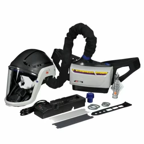 3M Versaflo TR-600 powered air purifying respirator system with headgear, breathing tube, blower, battery, and accessories.