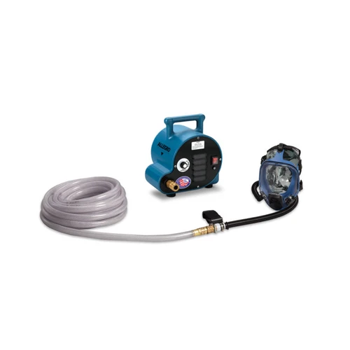 Allegro 9200-01A full mask breathing air blower respirator system with blower, flow meter, breathing air hose, and full mask.