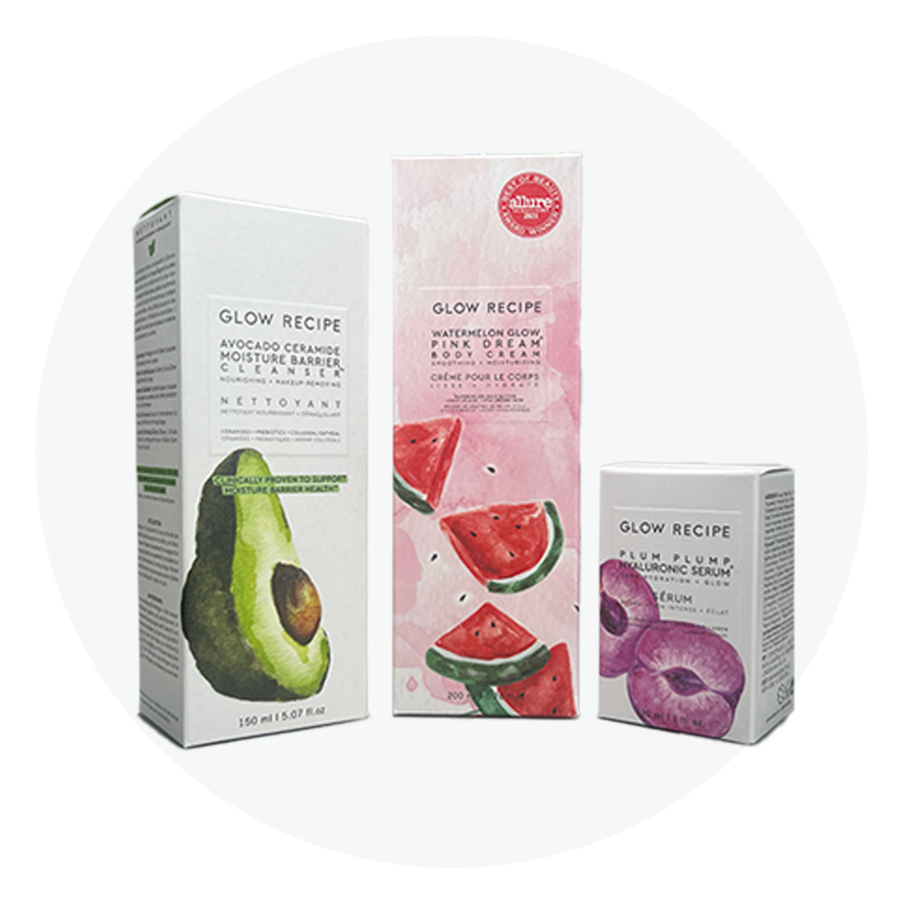 Three soft-touch folding cartons featuring illustrated fruit graphics and straight tuck closures.
