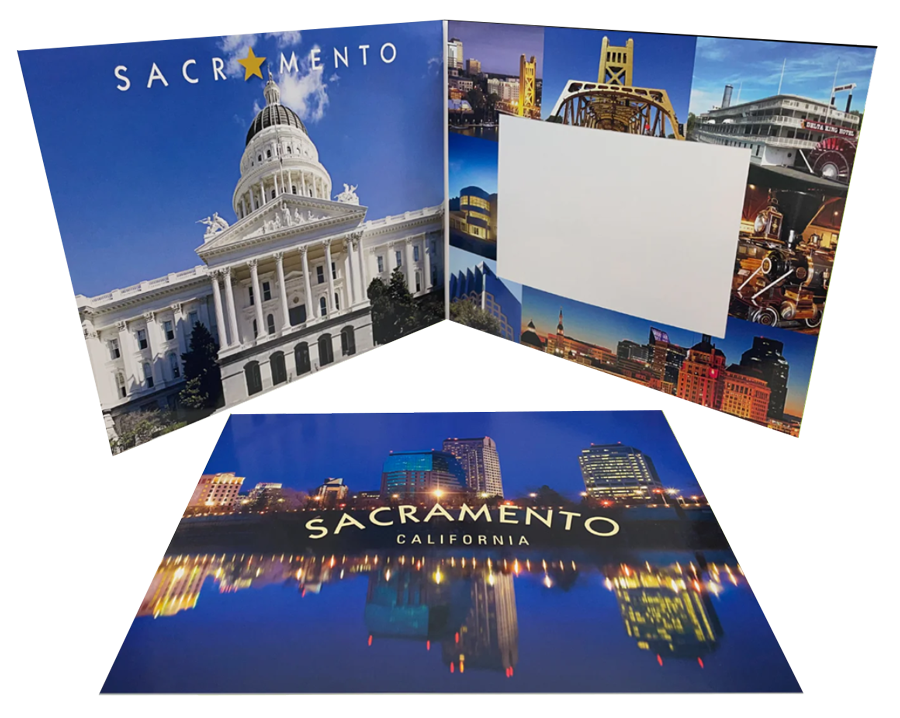 Promotional folder with landmark photograph and slot for inserts