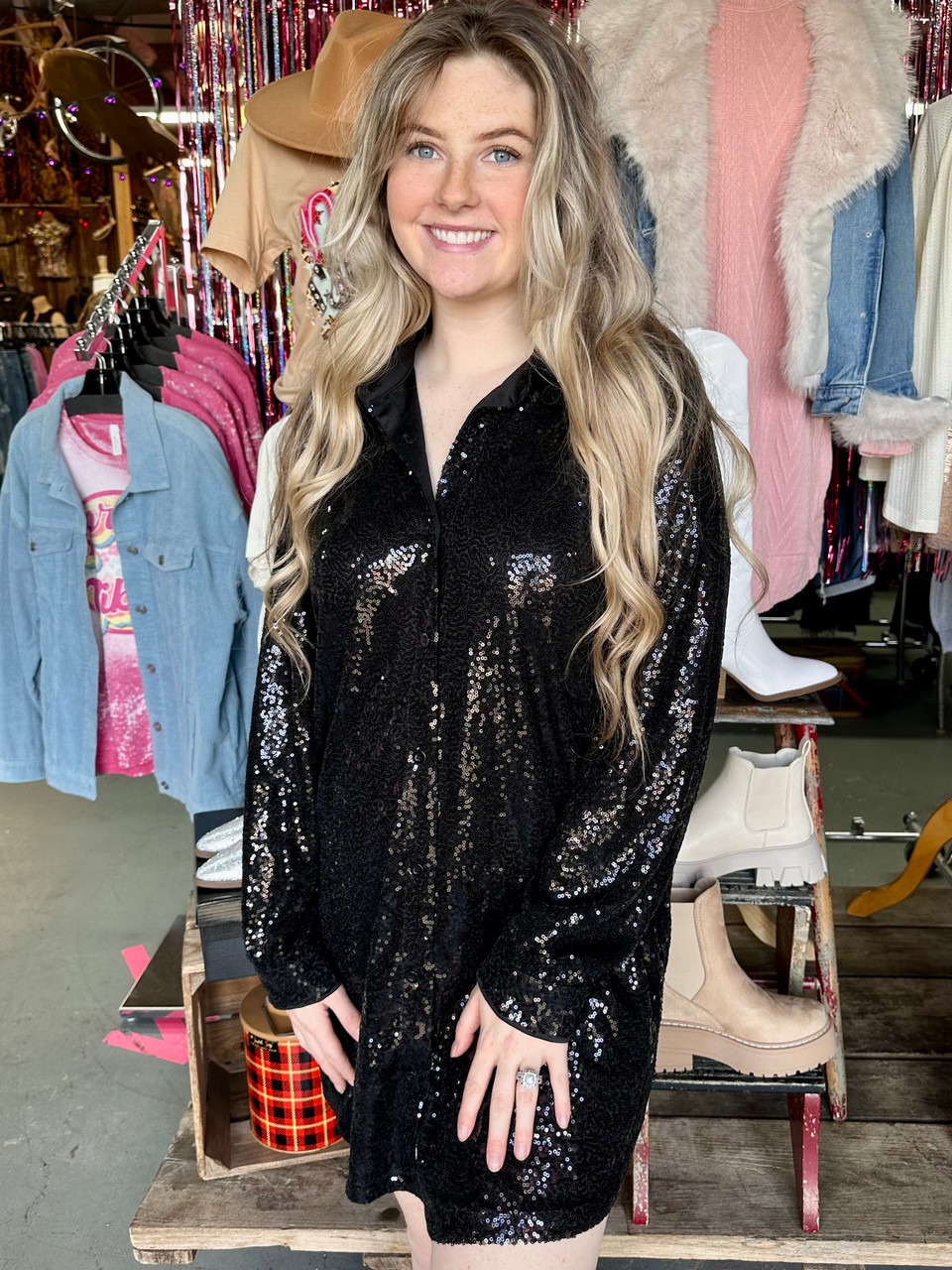 Sequin button hot sale down shirt dress