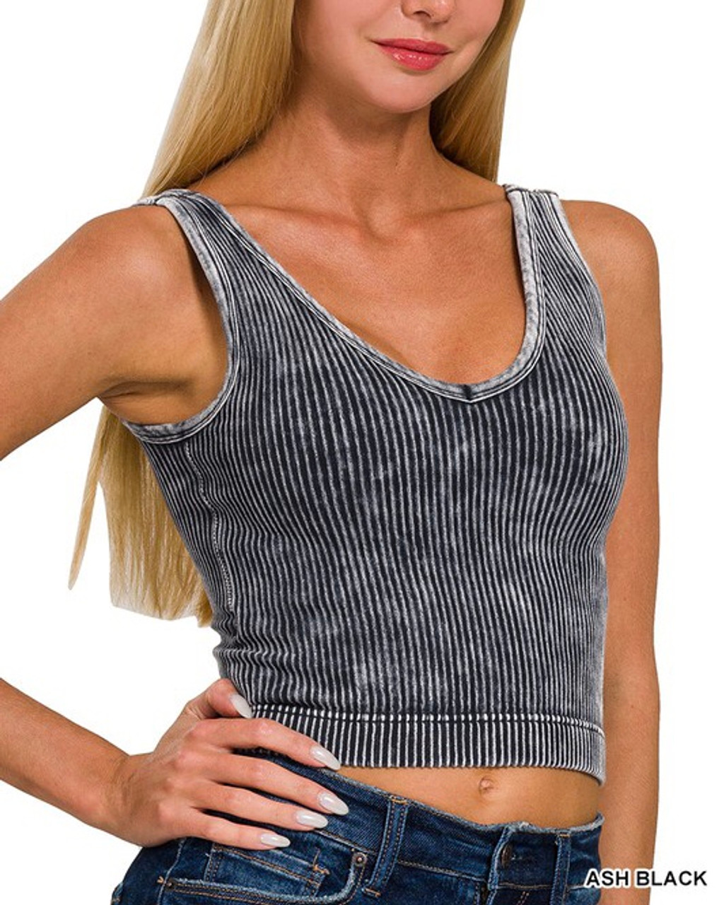Ribbed Acid Wash Padded Tank - Queen B Boutique