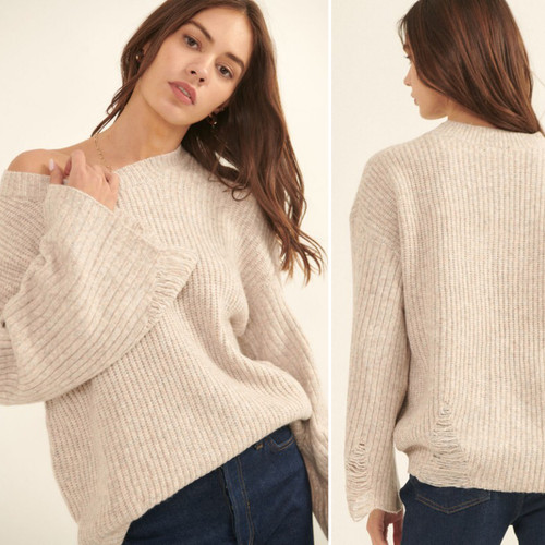 Oatmeal Distressed Bell Sleeve Sweater
