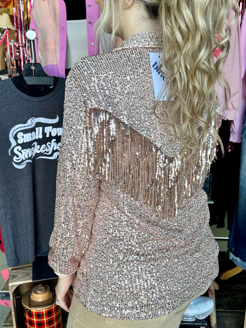 Gold Sequin Fringe Button Down Top