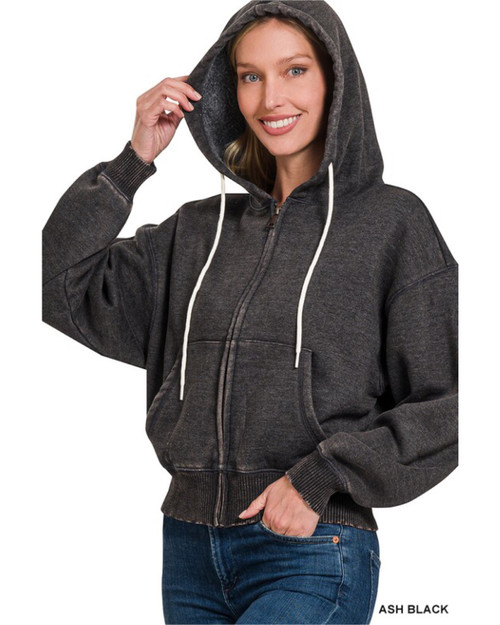 Fleece Cropped Acid Wash Hoodie