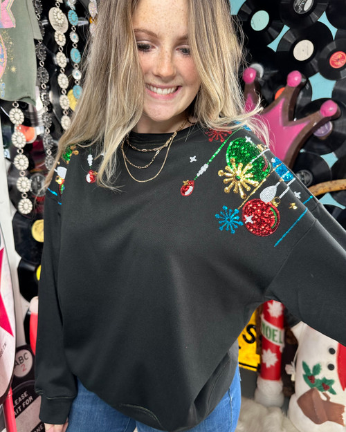 Black Sequin Ornament Shoulder Sweatshirt