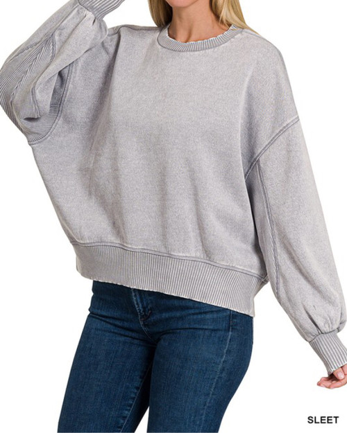 Acid Wash Fleece Ribbed Pullover