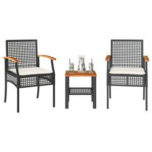  3 Piece Bistro Set with Cushions Black Poly Rattan Acacia Wood A949-366259