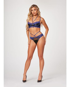 Stretch Satin & Eyelash Lace Demi Cup Bra & Panty Black/Blue SM X615-STH11481-BB-S0