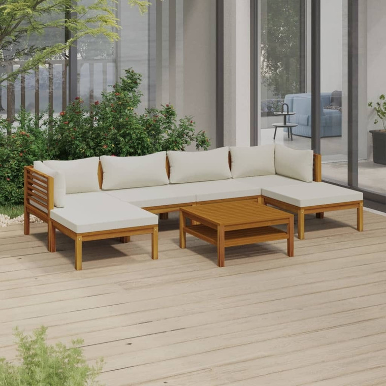  7 Piece Patio Lounge Set with Cream Cushion Solid Acacia Wood A949-3086946