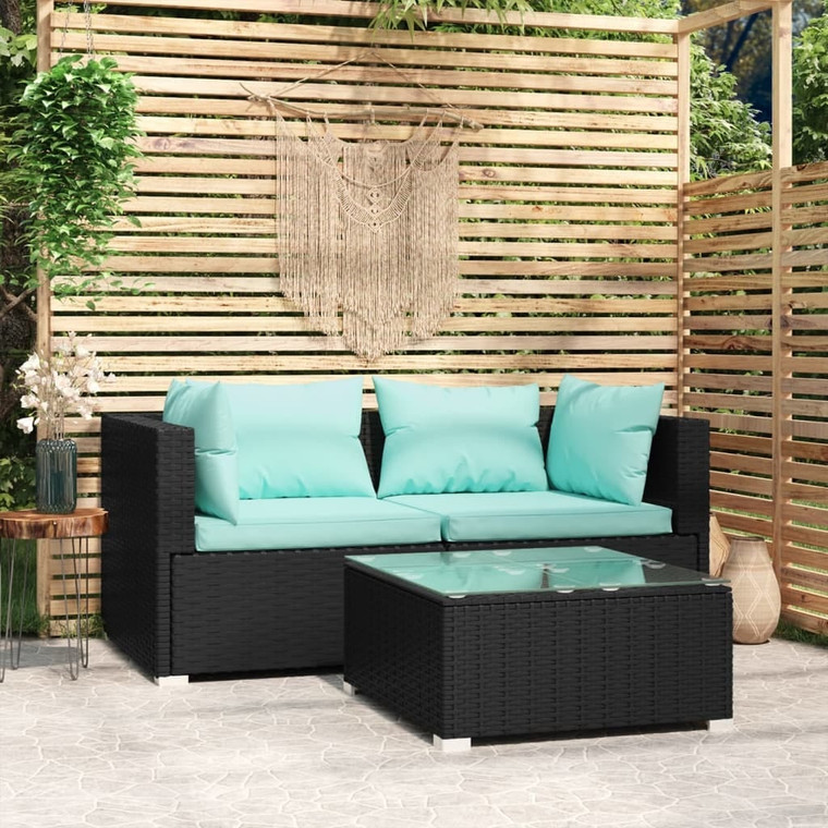  Patio Furniture Set 3 Piece with Cushions Black Poly Rattan A949-317532