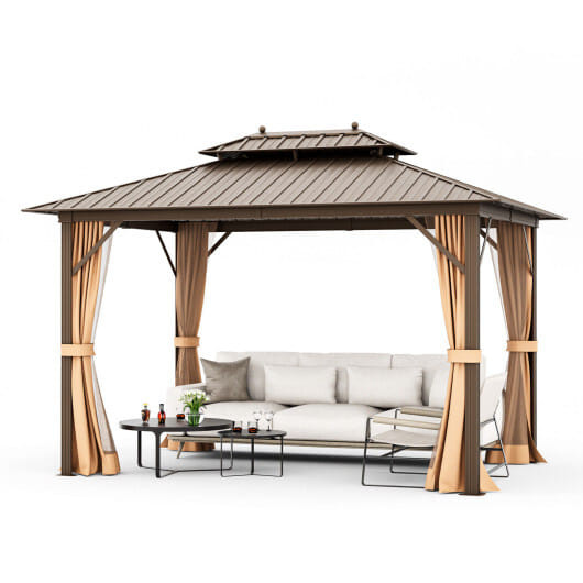 10x13ft Double-Roof Patio Hardtop Gazebo with Galvanized Steel Roof Netting and Curtains-Coffee B593-NP11434+