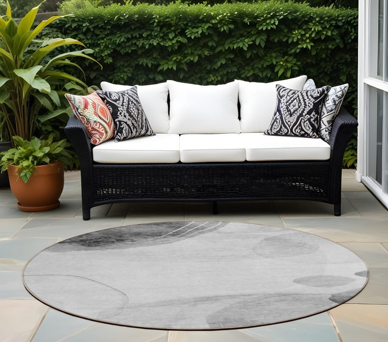 8' Round Gray and Light Gray Round Abstract Washable Non Skid Indoor Outdoor Area Rug N270-562151