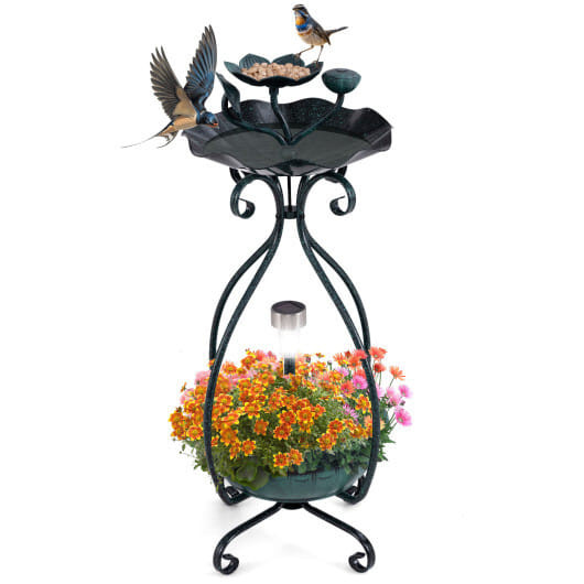 Solar Outdoor Bird Bath Feeder Combo with Flower Planter Pedestal and Solar Lights-Bronze - Color:  D681-PZ10010QT