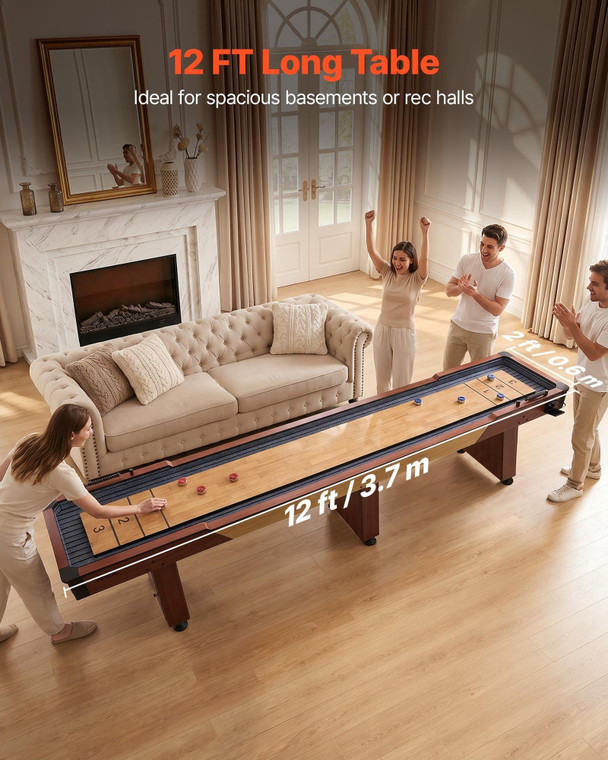 12 ft Shuffleboard Table, 2 in 1 Shuffleboard and Bowling Combo Set, Shuffle Board with Rustic Wood E415-ZZKSHZ12YCBDGO4GA001V0