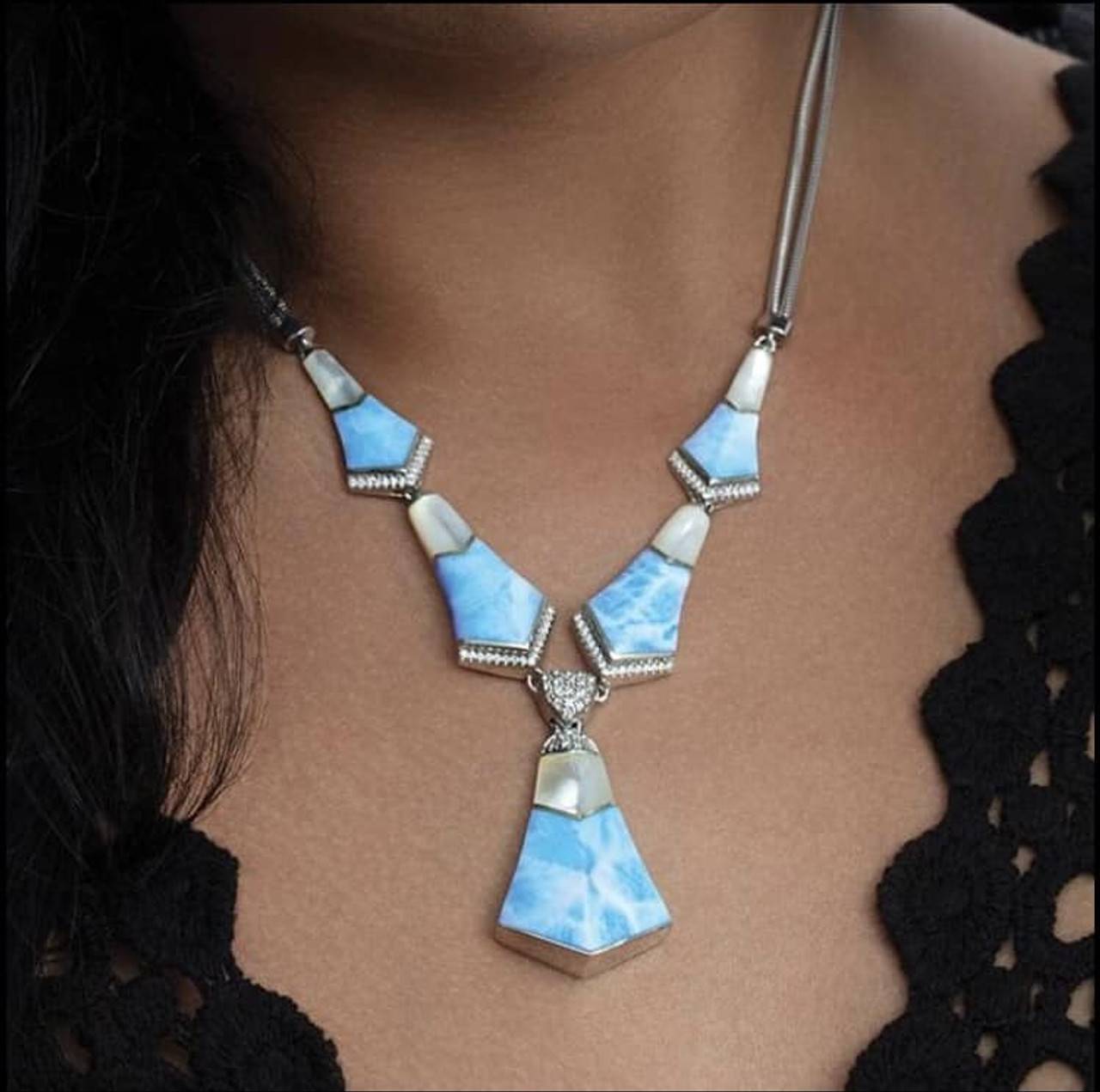 Modern Metal Necklace Long Larimar and Sand