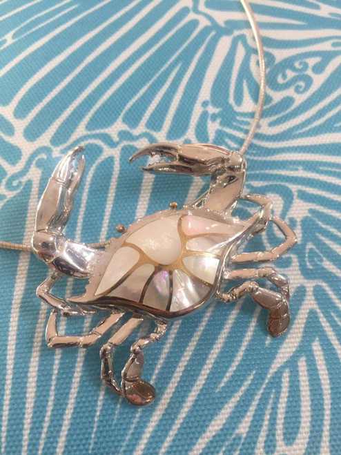 Sterling Silver and 18kt Yellow Gold White Mother of Pearl Large Crab Pendant