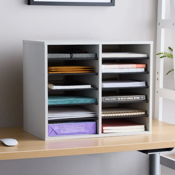 12 Comp. Wood Adjustable-Compartment Literature Organizer on Desk