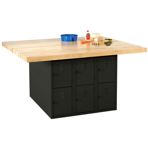 Forum Industrial Arts Four-Station Steel Workbench with 12 Vertical Lockers