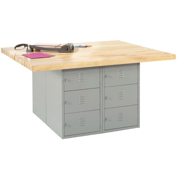 Forum Industrial Arts Four-Station Steel Workbench with 12 Horizontal Lockers