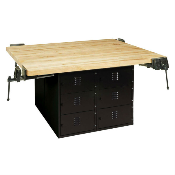Forum Industrial Arts Four-Station Steel Workbench with 12 Horizontal Lockers