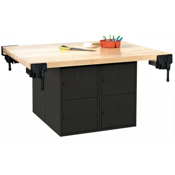Forum Industrial Arts Four-Station Steel Workbench with 8 Lockers