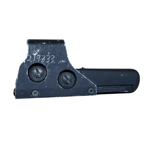 Surplus EOTech 552 holographic weapon sight mounted on a military-style M4 carbine with Picatinny rail. GWOT-era optic featuring the 65 MOA ring and 1 MOA dot reticle, AA battery compartment, and rugged hooded design. Used U.S. military and law enforcement surplus sight with visible service wear, clone correct for SOPMOD M4 builds and early 2000s combat configurations.