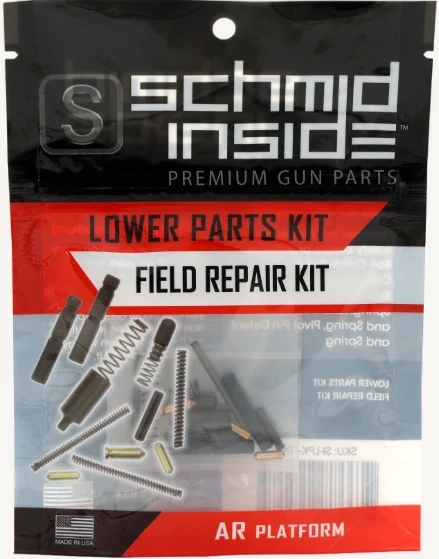 Schmid Tool AR-15 Lower Parts Kit Field Repair Kit featuring genuine mil-spec replacement springs, detents, pins, and small components for AR-15 and M16 rifle maintenance. Compact field repair kit manufactured by Schmid Tool, OEM supplier to numerous military and law enforcement rifle manufacturers, ideal for emergency repairs, armorer kits, duty rifles, clone builds, and long-term spare parts storage.