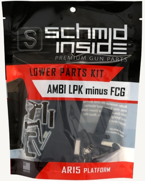 Schmid Tool ambidextrous AR-15 lower parts kit (LPK) minus fire control group, OEM mil-spec components for AR-15 lower receiver assembly. Includes ambidextrous semi-auto safety selector, magazine release components, takedown and pivot pins, springs, detents, A2 grip, and complete lower receiver hardware. High-quality Schmid Tool manufactured parts designed for AR-15 builds, armorer kits, duty rifles, and custom firearm assembly.