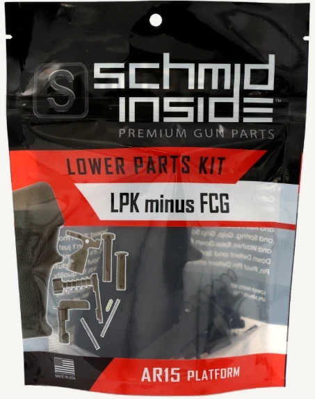 Schmid Tool AR-15 lower parts kit (LPK) less fire control group, OEM mil-spec components for complete AR-15 lower receiver assembly. Includes semi-auto safety selector, bolt catch components, magazine catch assembly, takedown and pivot pins with springs and detents, buffer retainer parts, trigger guard assembly, and A2 grip hardware. High-quality Schmid Tool manufactured AR-15 parts kit designed for duty rifle builds, armorer kits, replacement components, and custom firearm assembly.