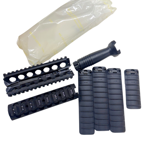 New Old Stock (NOS) P&S Products M4 RAS Deployment Kit featuring a genuine U.S. military contract M4 Rail Adapter System (RAS), P&S vertical foregrip, full KAC-style rail panel set, deployment pouch, and original military packaging. This complete M4A1 accessory kit is clone correct for GWOT-era U.S. Army, USMC, and