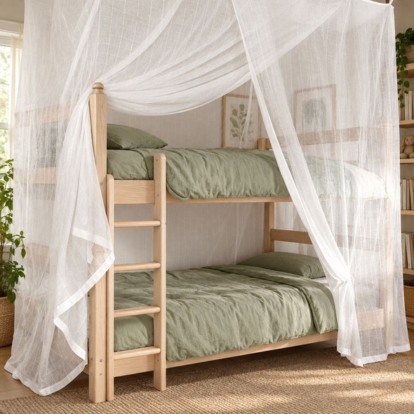 Cotton box mosquito net enclosing a bunk bed